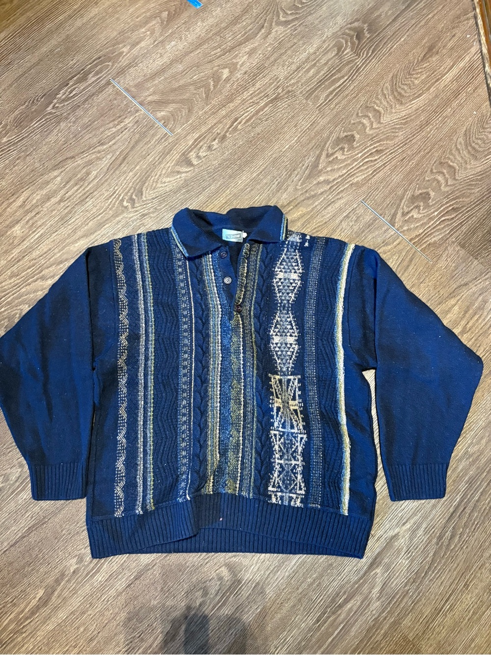 Men's Vintage Navy Patterned Zip-Front Polo Sweater